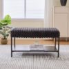 Upholstered Ottoman Coffee Table Foot Rest With Metal Legs And Wooden Storage Shelf - Charcoal - Image 2