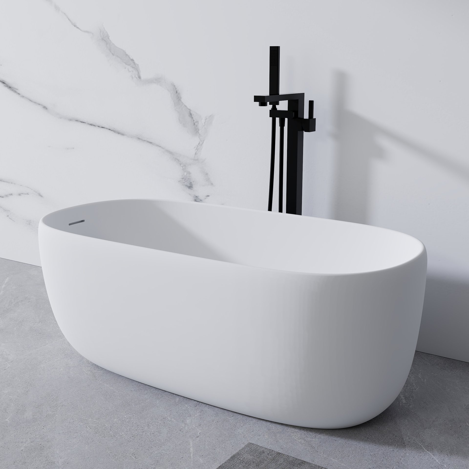 Freestanding Bathtub Resin Stone Soaking Bathtub Solid Surface Modern Tubs With Overflow And Pop-Up Drain - Matte White - Image 2
