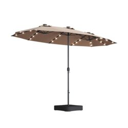15 X 9 Ft Large Double Sided Rectangular Outdoor Twin Patio Market Umbrella With Light And Base - Taupe
