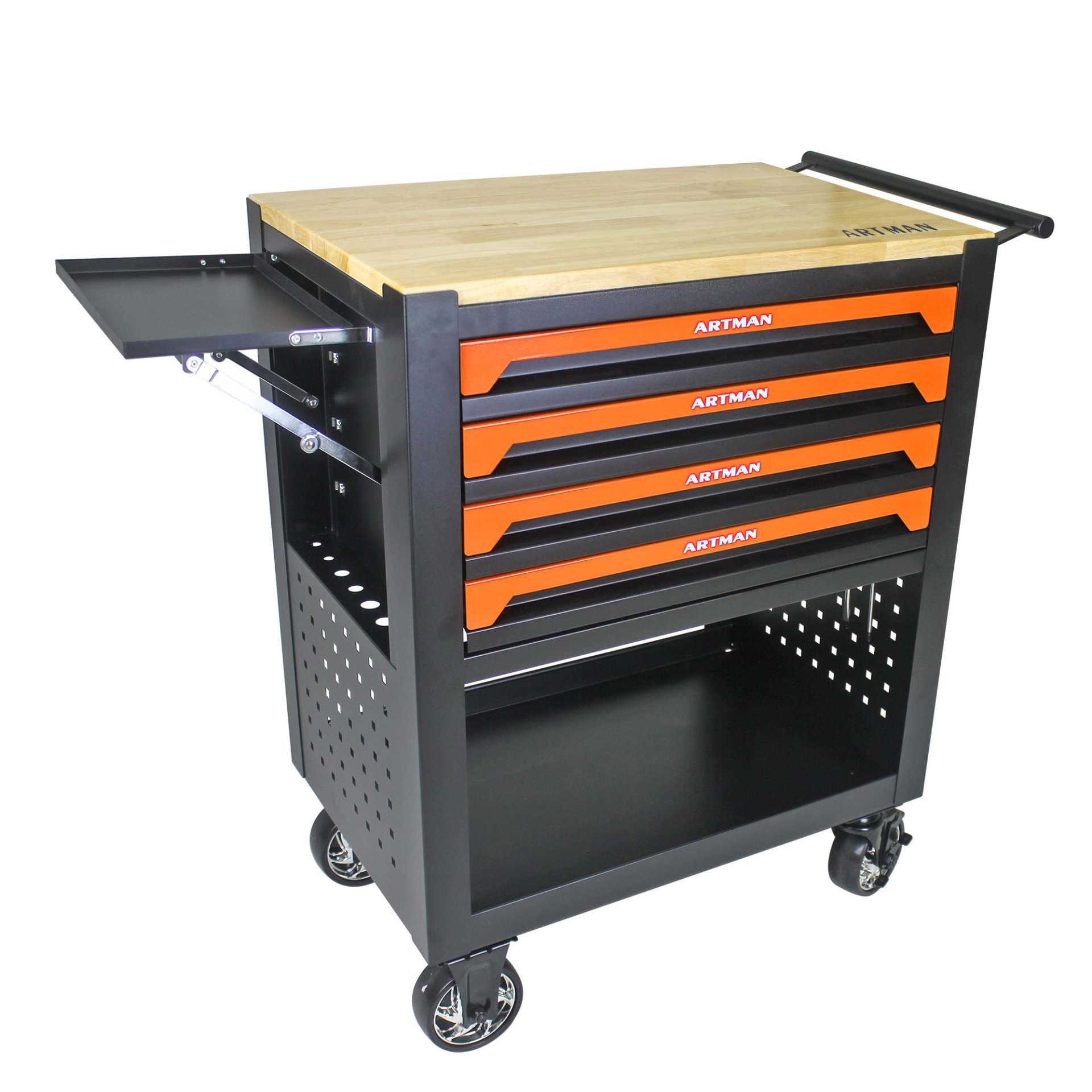 4 Drawers Multifunctional Tool Cart With Wheels And Wooden Top - Orange - Image 8