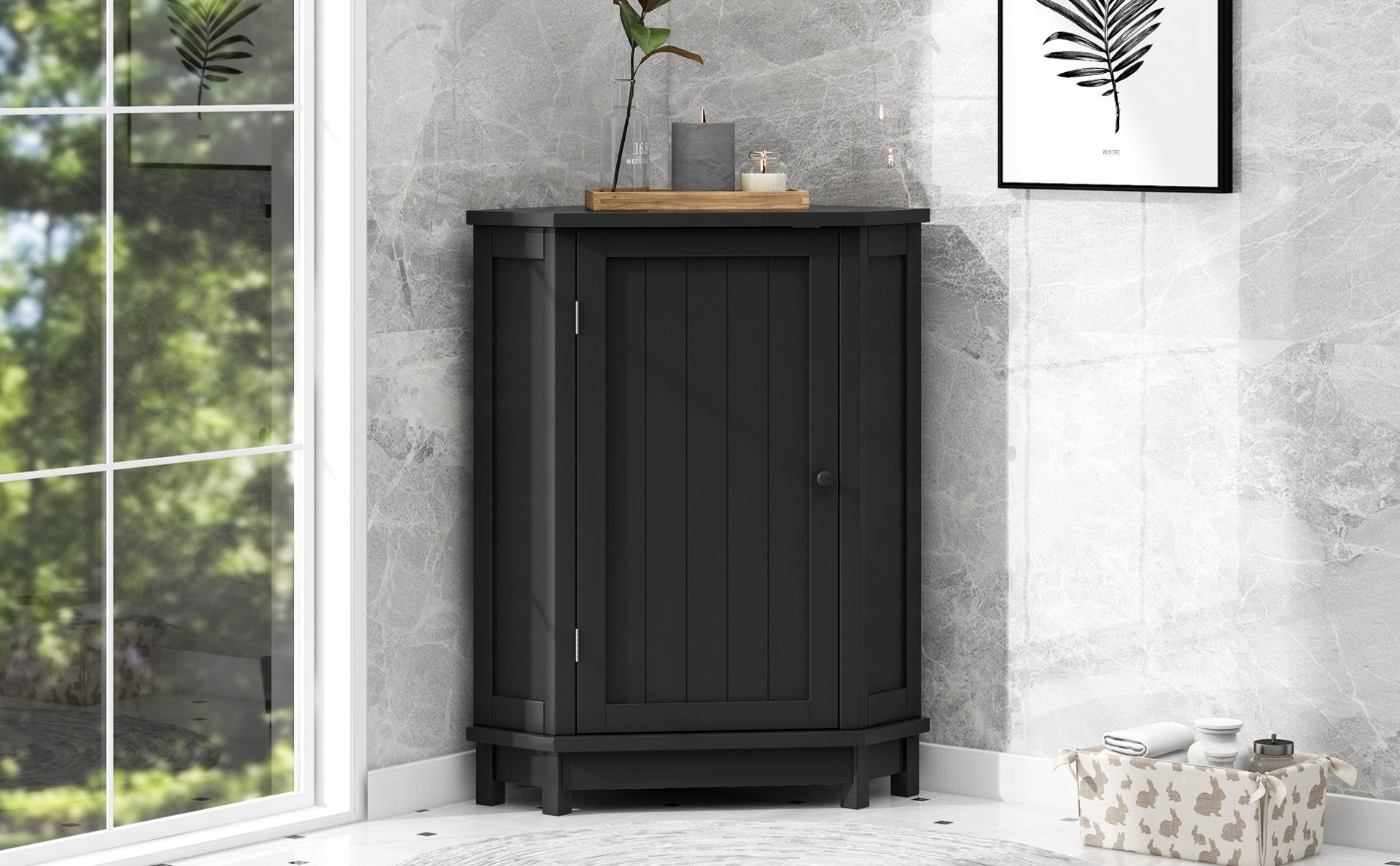 Bathroom Cabinet Triangle Corner Storage Cabinet With Adjustable Shelf Modern Style - Black - Image 27