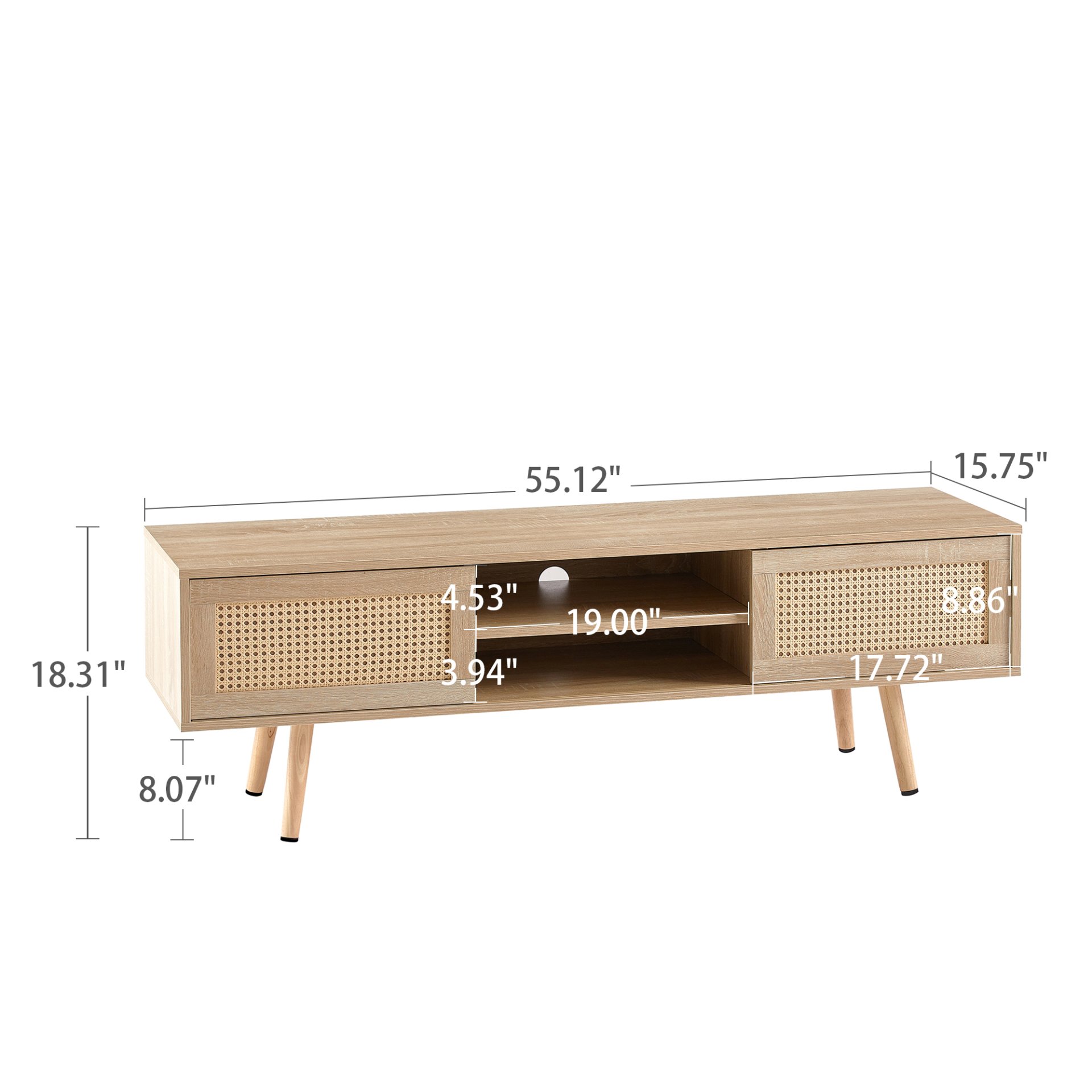 55.12" Rattan TV Cabinet, Double Sliding Doors For Storage, Adjustable Shelf, Solid Wood Legs, TV Console For Living Room - Natural - Image 3