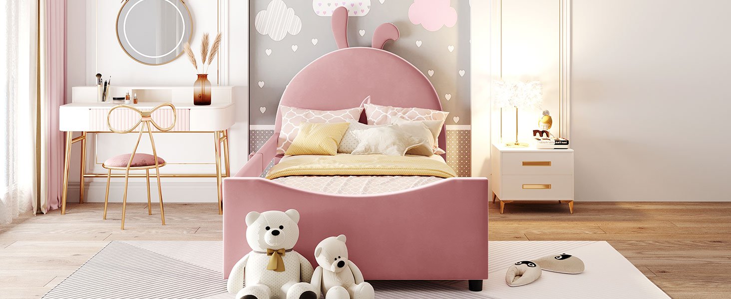 Twin Size Upholstered Daybed With Rabbit Ear Shaped Headboard - Pink - Image 13