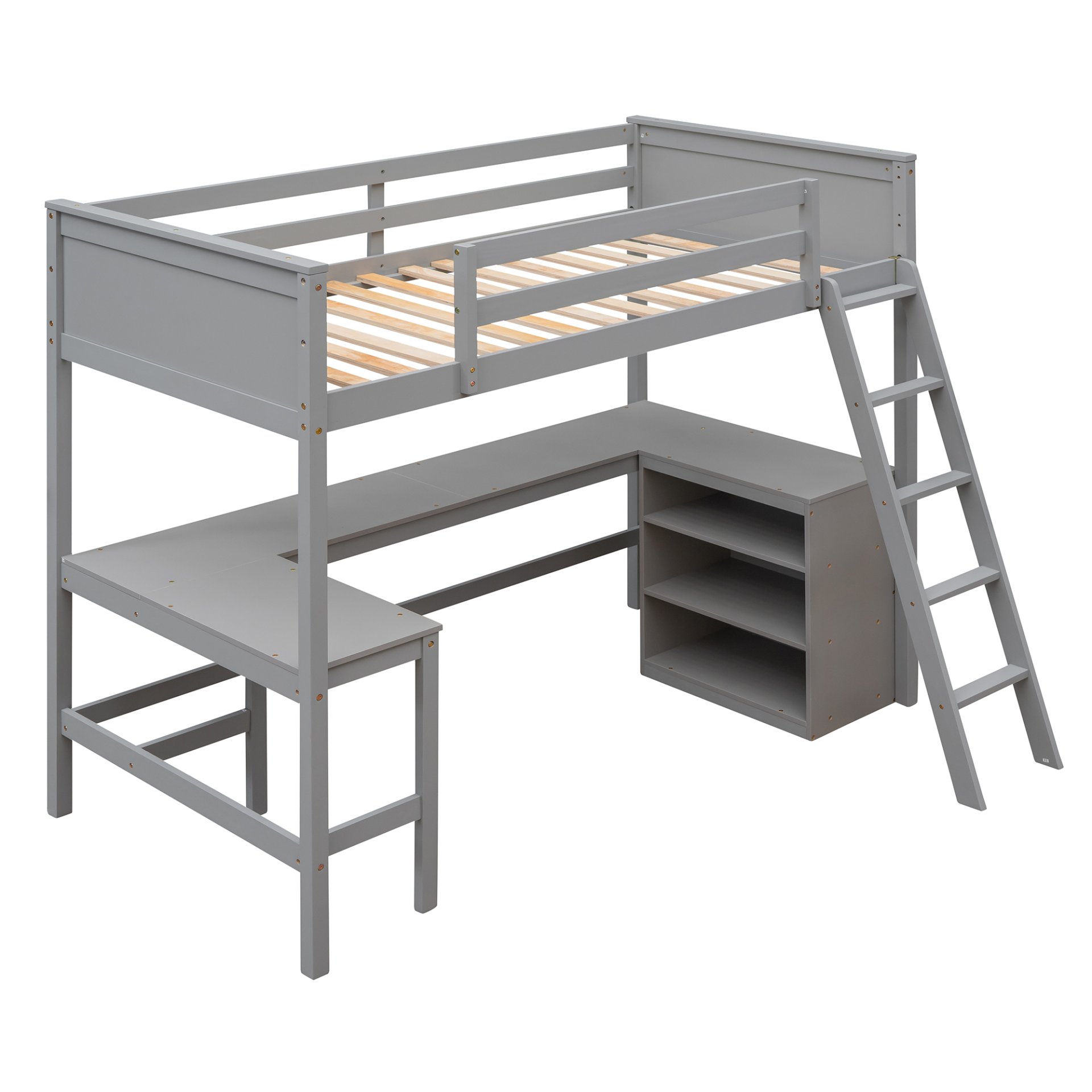 Twin Size Loft Bed With Shelves With Desk - Gray - Image 3
