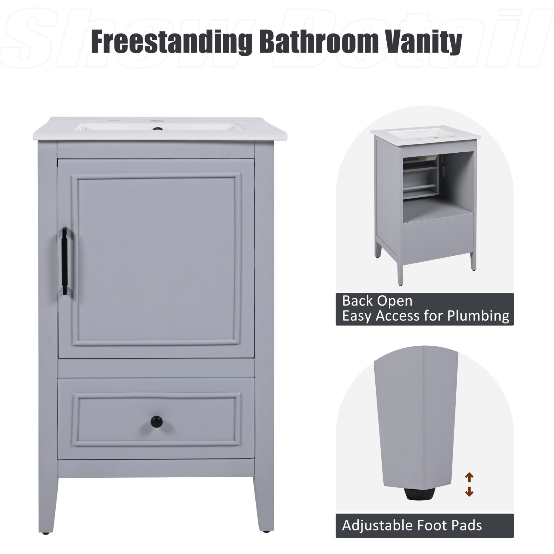 20" Bathroom Vanity With Sink, Bathroom Cabinet With A Door, Door Shelf Storage And Adiustable Foot Pads, A Drawer - Gray - Image 8