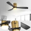 Flush Mount Ceiling Fan With 3 Solid Wood Blades Remote Control Reversible DC Motor For Living Room - Gold - Image 7
