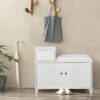 Shoe Storage Bench Cabinet With Fireproof Cushion, Double Doors And Movable Drawer For Door Entrance - White - Image 10