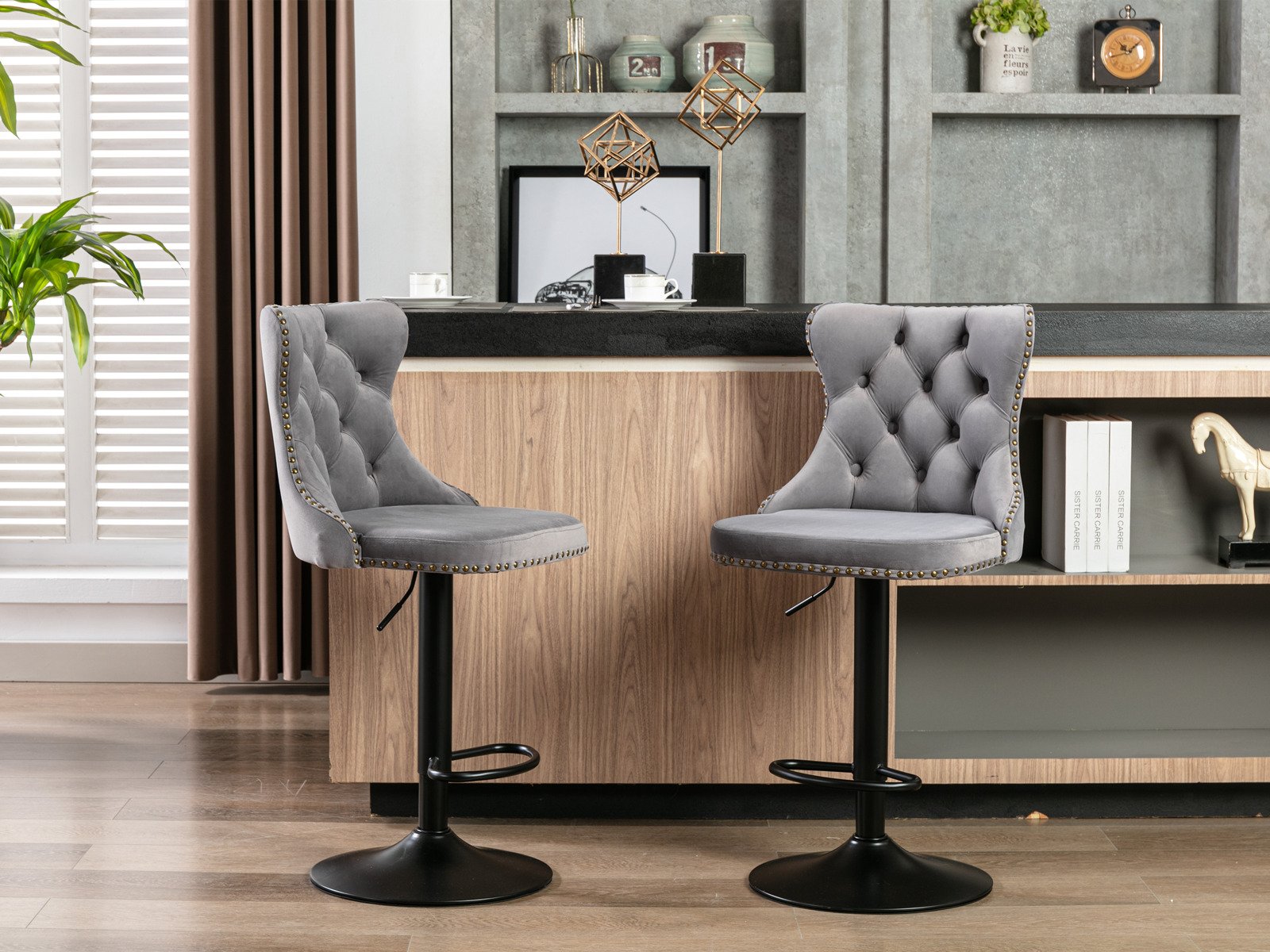 Swivel Velvet Barstools Adjusatble Seat Height, Modern Upholstered Bar Stools With Backs Comfortable Tufted For Home Pub And Kitchen Island (Set of 2) - Gray - Image 16