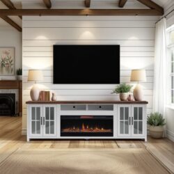 Hampton - Fireplace TV Stand Console For TVs Up To 100" - Jasmine Whitewash / Barnwood