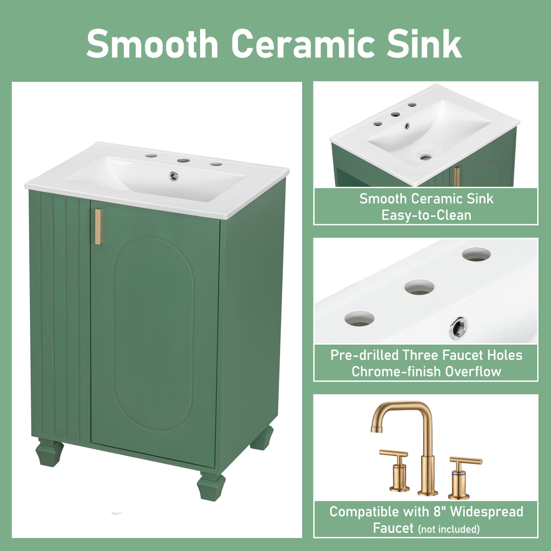 Classic Retro 24" Bathroom Vanity With Sink, Door Shelf, Side Open Storage Frame - Green - Image 6