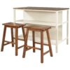 Solid Wood Rustic 3 Piece Stationary Kitchen Island Set With 2 Seatings, Rubber Wood Butcher Block Dining Table Set Prep Table Set With 2 Open Shelves For Small Places - Walnut / Cream White - Image 9