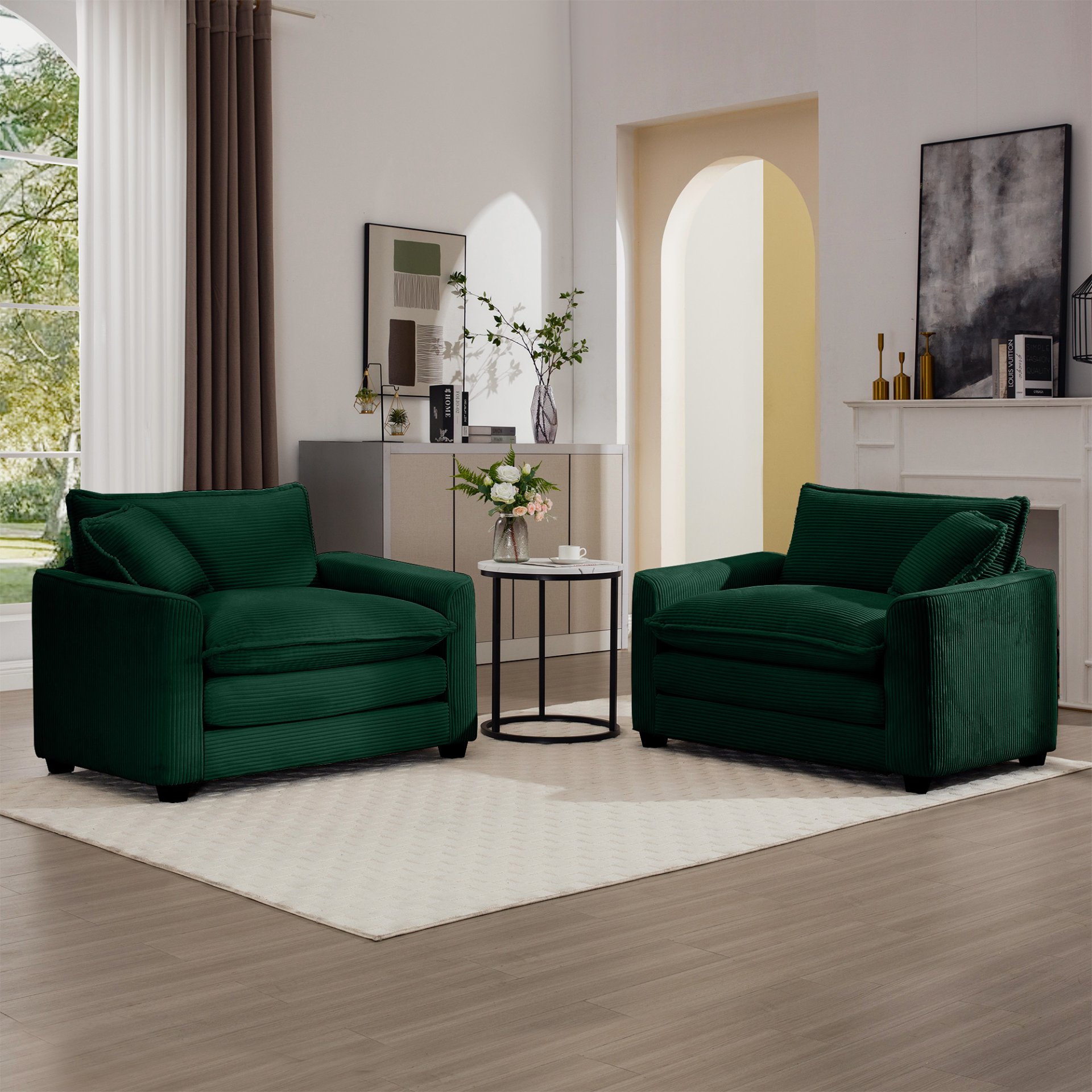 Luxurious Deep Seated Sofa Set With 2 Single Chairs Corduroy Fabric For Bedroom And Office - Green - Image 13
