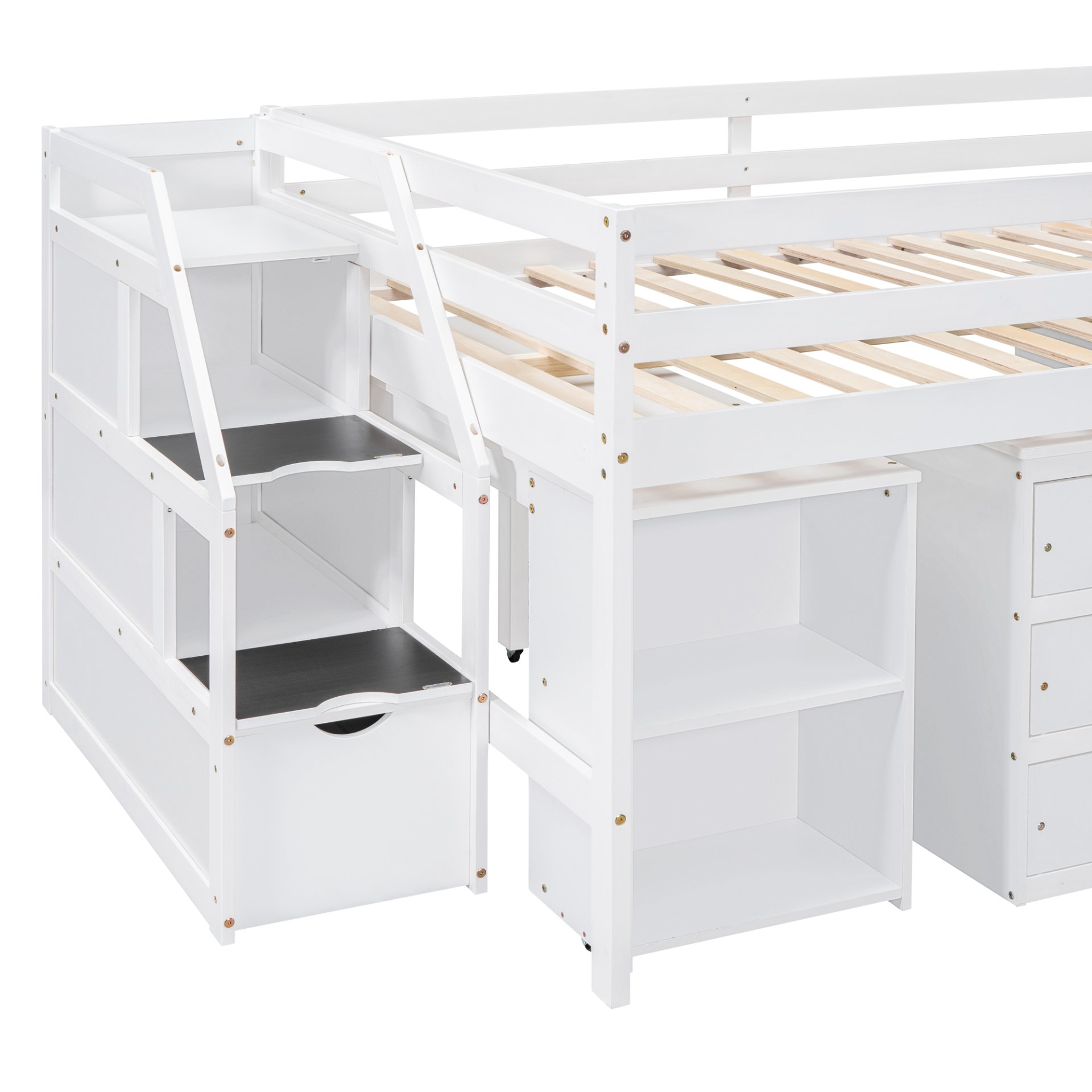 Full Size Loft Bed With Retractable Writing Desk And 3 Drawers With Storage Stairs And Shelves - White - Image 16