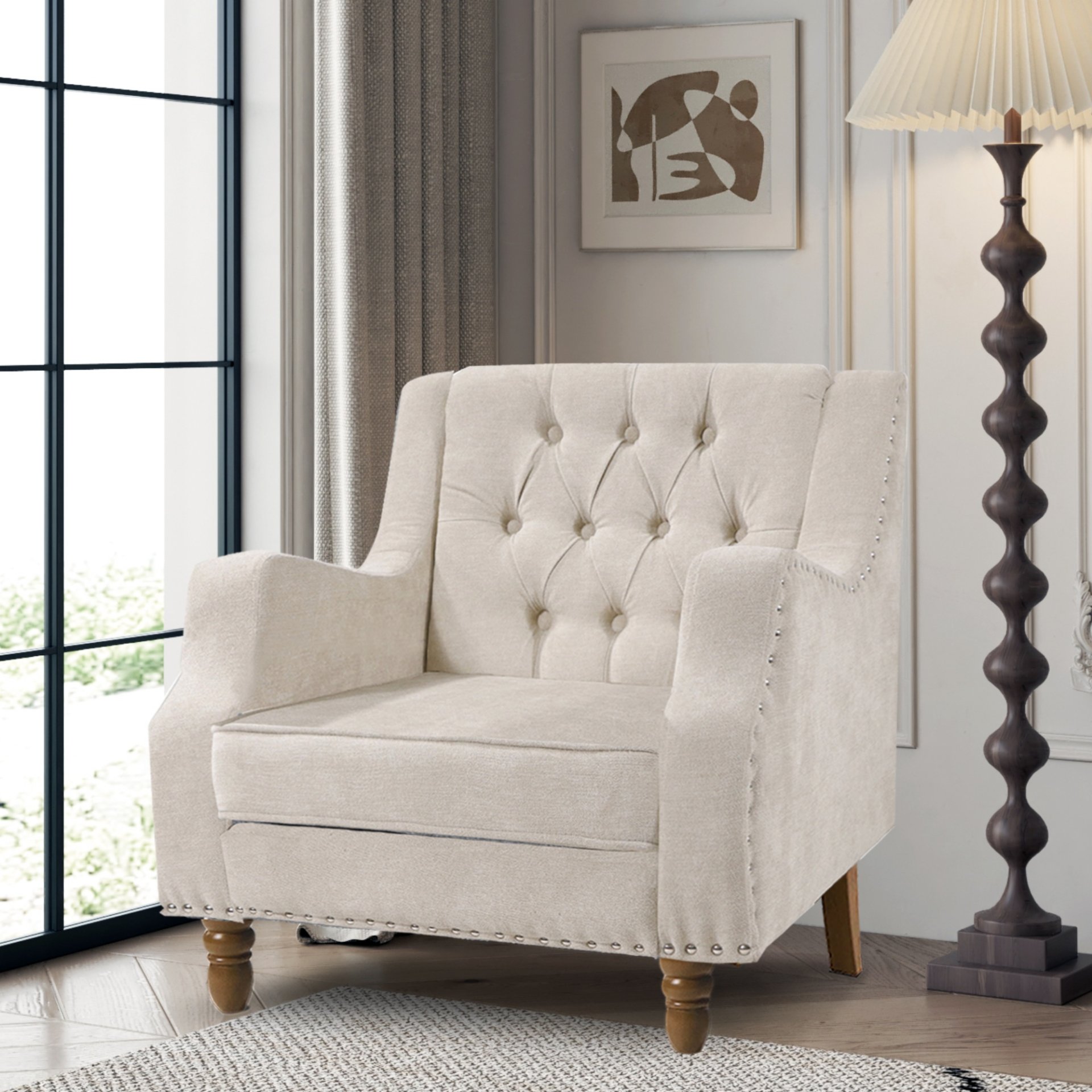 Accent Chair, Living Room Chair, Footrest Chair Set With Vintage Brass Studs, Button Tufted Upholstered Armchair For Living Room, Comfy Reading Chair For Bedroom, Reception Room - Beige - Image 23