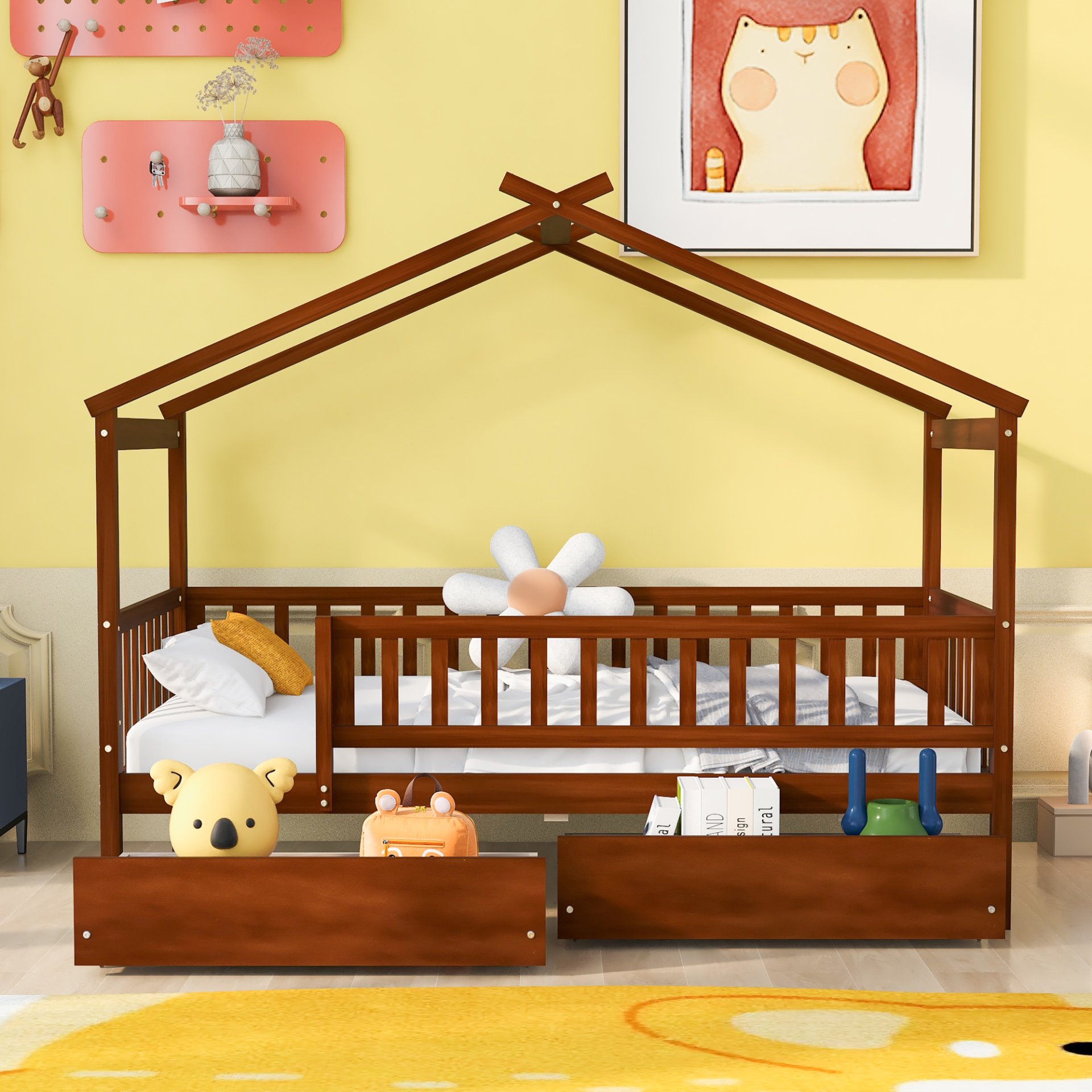 Twin Size House Bed With 2 Drawers - Walnut - Image 2