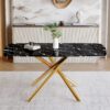Luxurious Marble Patterned Dining Table With en Metal Fork Legs, Tempered Glass Top - Black / Gold - Image 4
