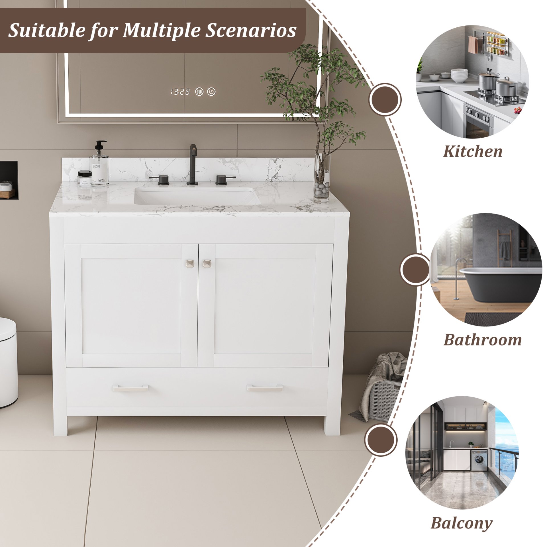 43" Bathroom Vanity With Artificial Marble Carrara Top Set, Multi Functional Bathroom Cabinet With Doors And Drawer - White - Image 5