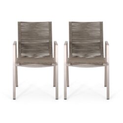 Outdoor Modern Aluminum Dining Chair Set With Rope Seat (Set of 2) - Silver / Taupe