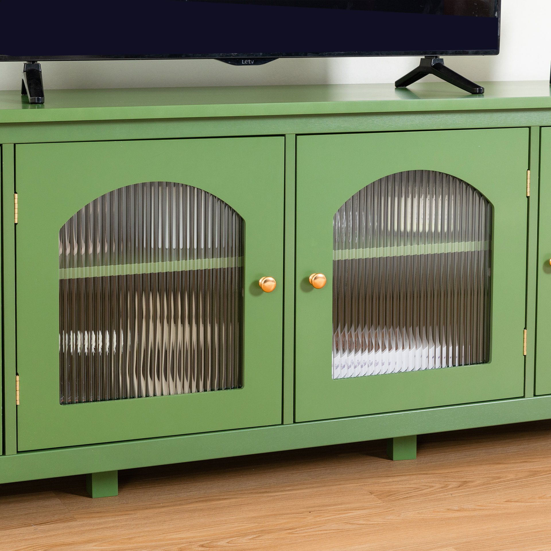 Stylish TV Cabinet, Entertainment CenterTV Stand, TVconsoletable, Media Console, Solidwood Frame, Changhong Glass Door, Metal Handle - Antique Green - Image 9
