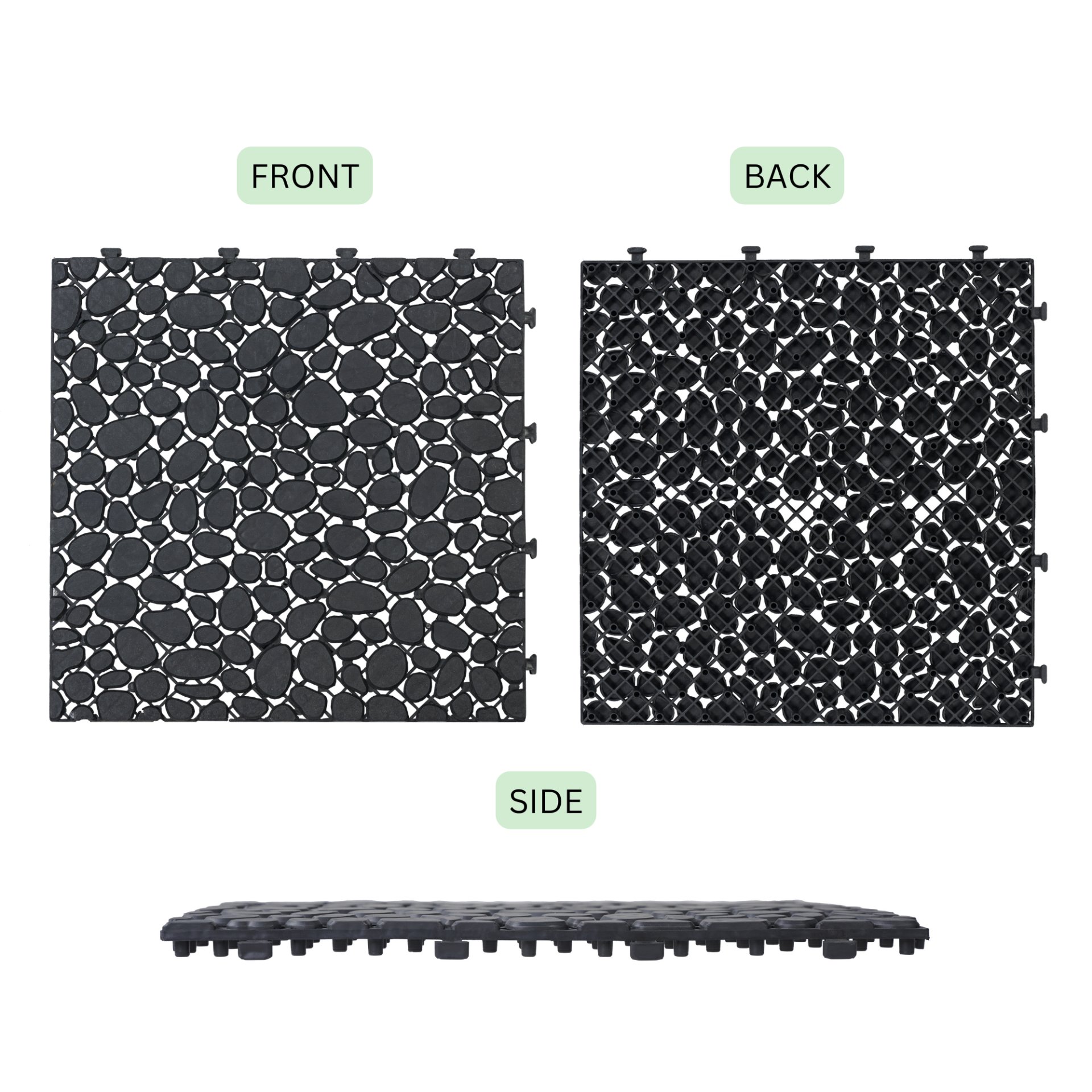 Interlocking Deck Tiles Plastic Waterproof Outdoor All Weather Anti-Slip Bathroom Shower Balcony Porch Strong Weight Capacity Upto 440 Lbs, Pebble Stone Pattern Pack Of 12 - Black - Image 19