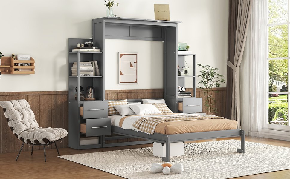 Full Size Murphy Wall Bed & Shelves, Drawers And LED Lights - Gray - Image 23