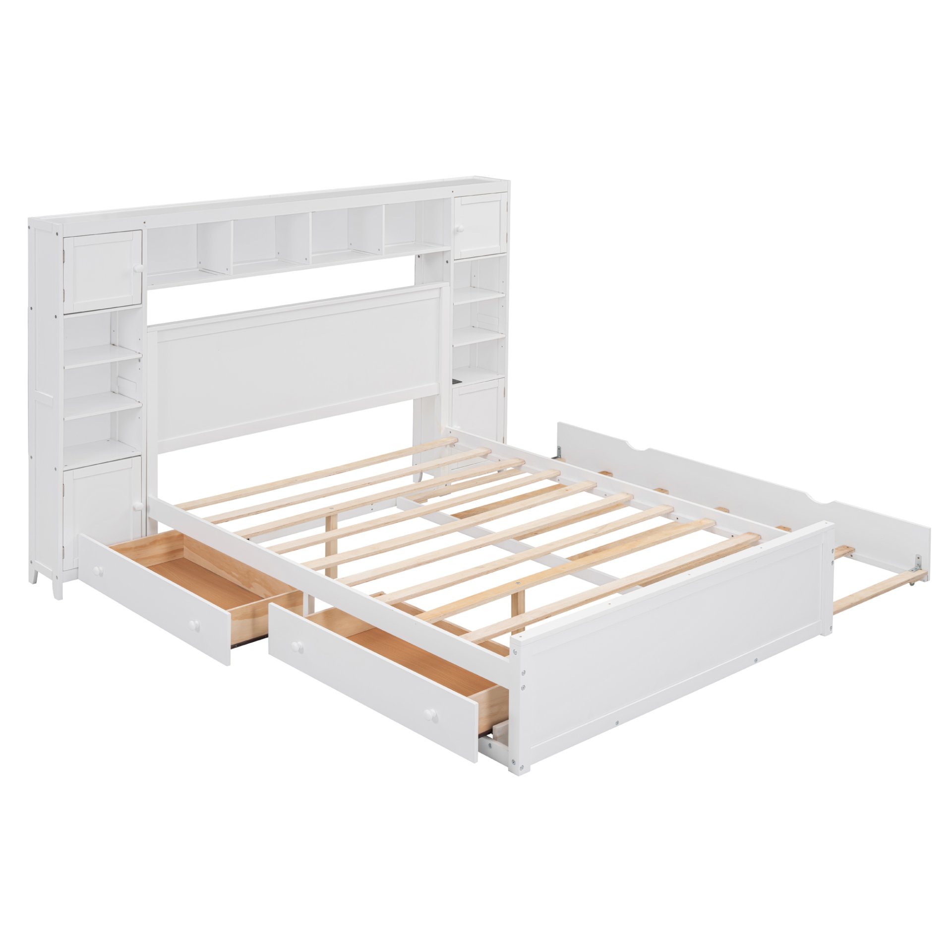 Queen Size Bed With All In One Cabinet, Shelf And Sockets, Twin Long Trundle - White - Image 4