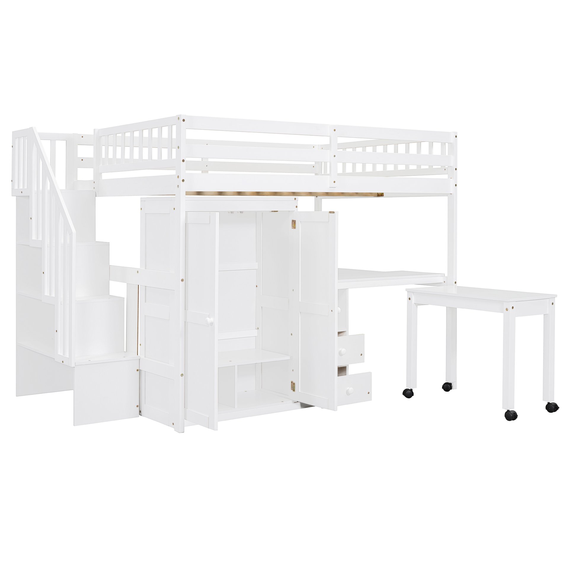 Full Size Loft Bed With Stairs, Bookshelf, Drawers, Desk & Wardrobe, Space Saving Multifunctional Furniture - White - Image 12