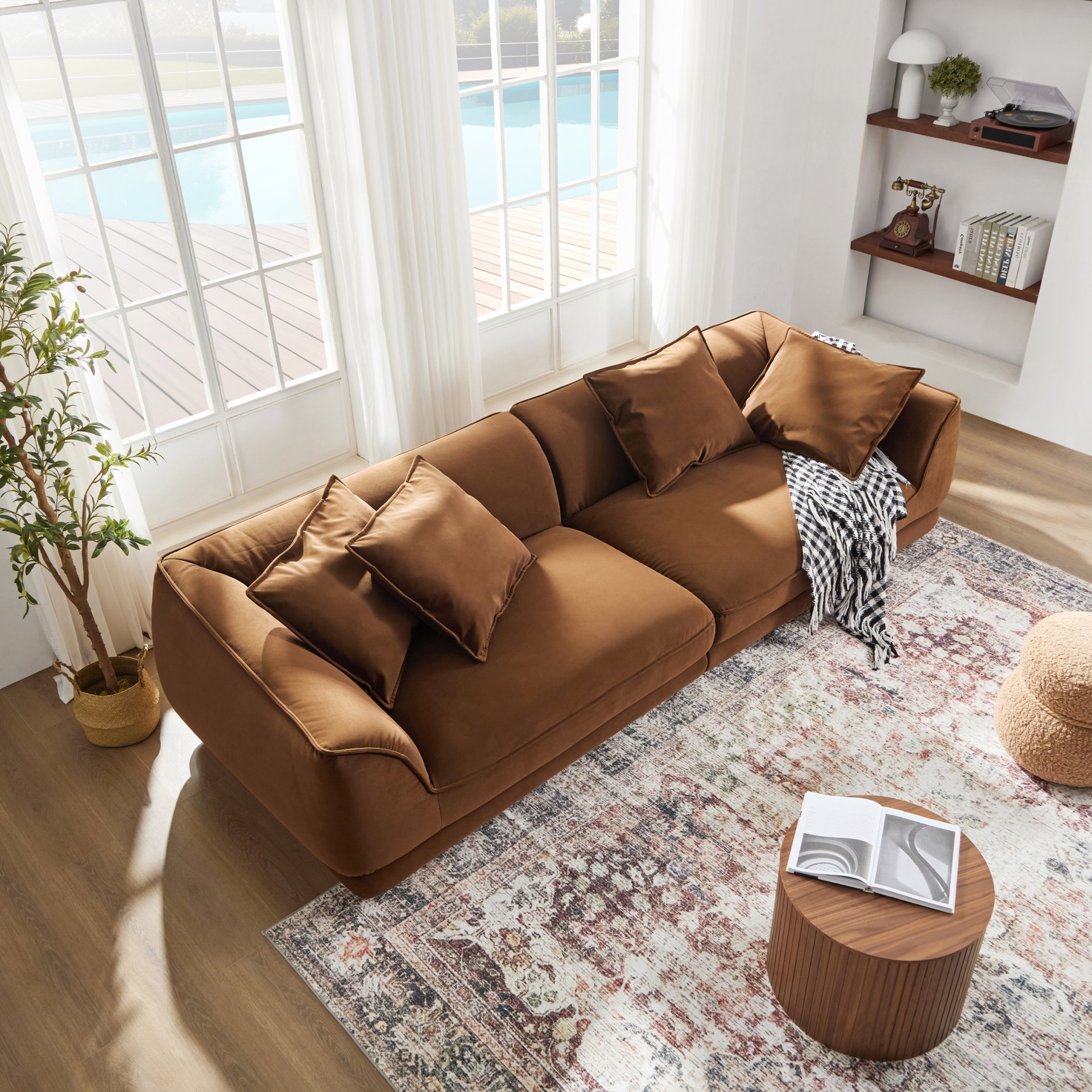 Nordic Modern Sofa With Detachable Pillowcase, French Velvet Fabric, Solid Wood Frame, High Density Sponge Filling - Camel - Image 4