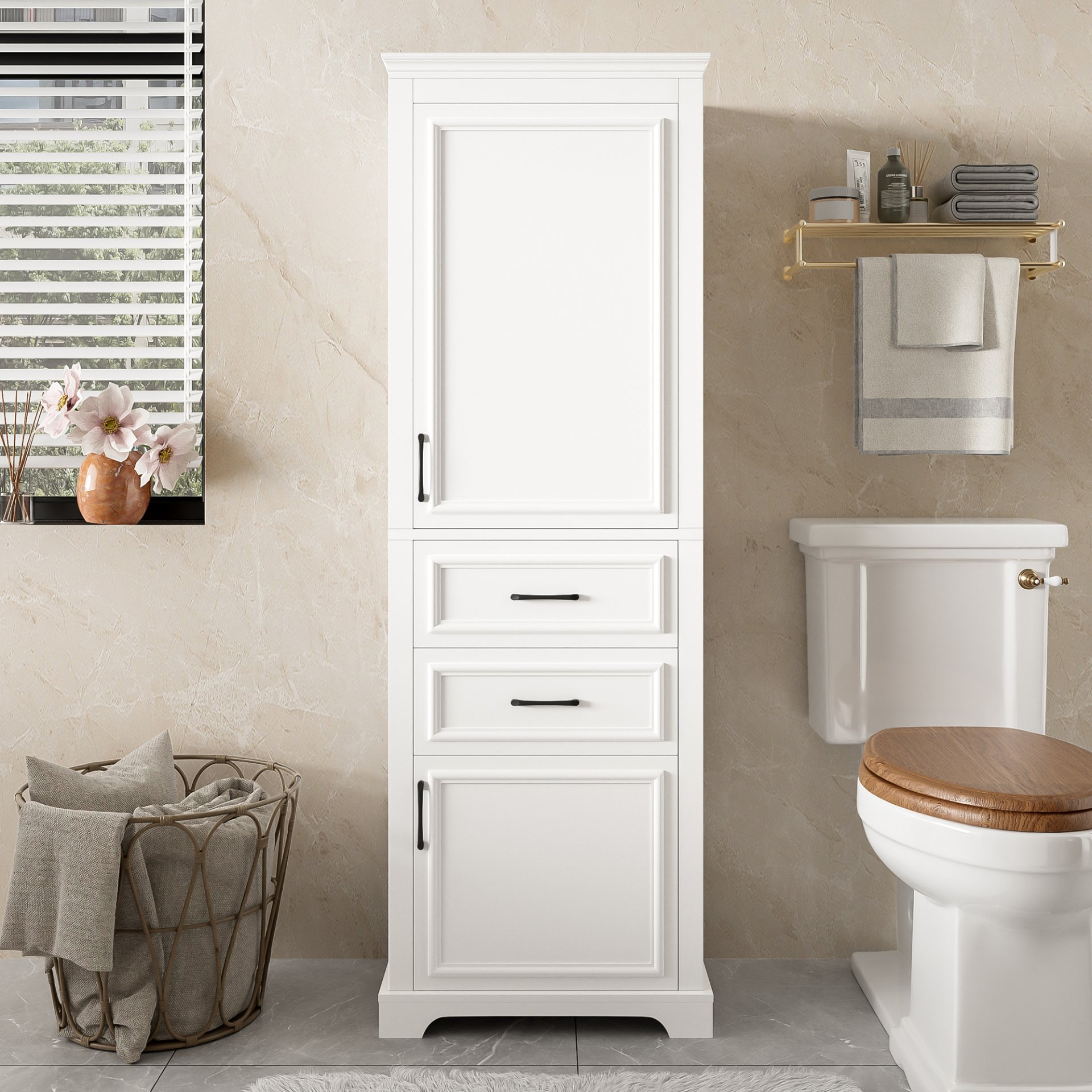 Freestanding Bathroom Vanity Tall With Damping Hinge Doors, Adjustable Shelves - White - Image 2