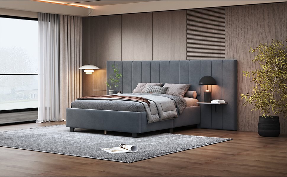 Full Size Upholstered Platform Bed With Big Headboard - Gray - Image 12