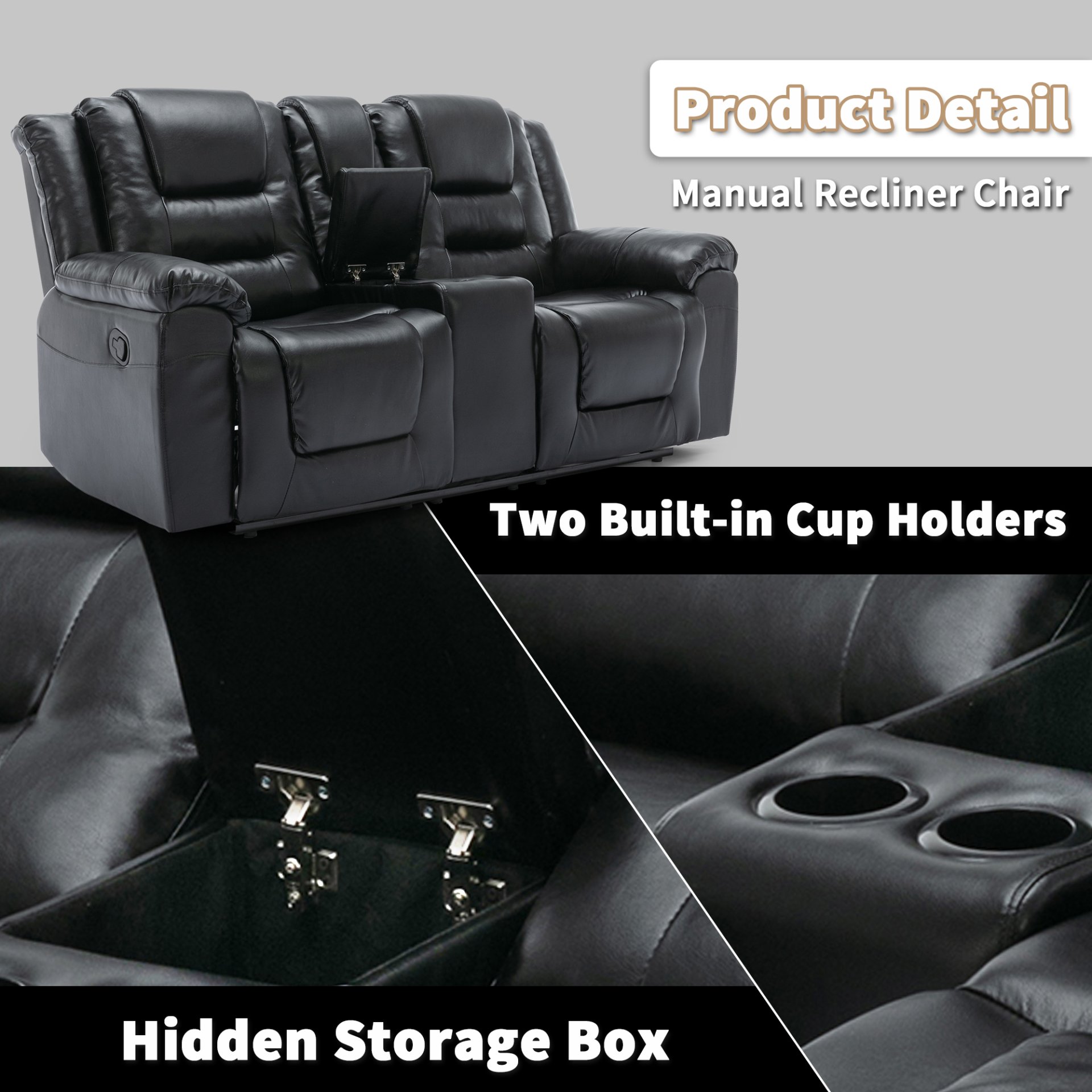 2 Seater Home Theater Recliner Manual Recliner Chair With A Storage Box And Two Cup Holders For Living Room - Black - Image 6