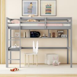 Twin Size Loft Bed With Desk And Shelves, Safety Guardrail And Ladder - Gray