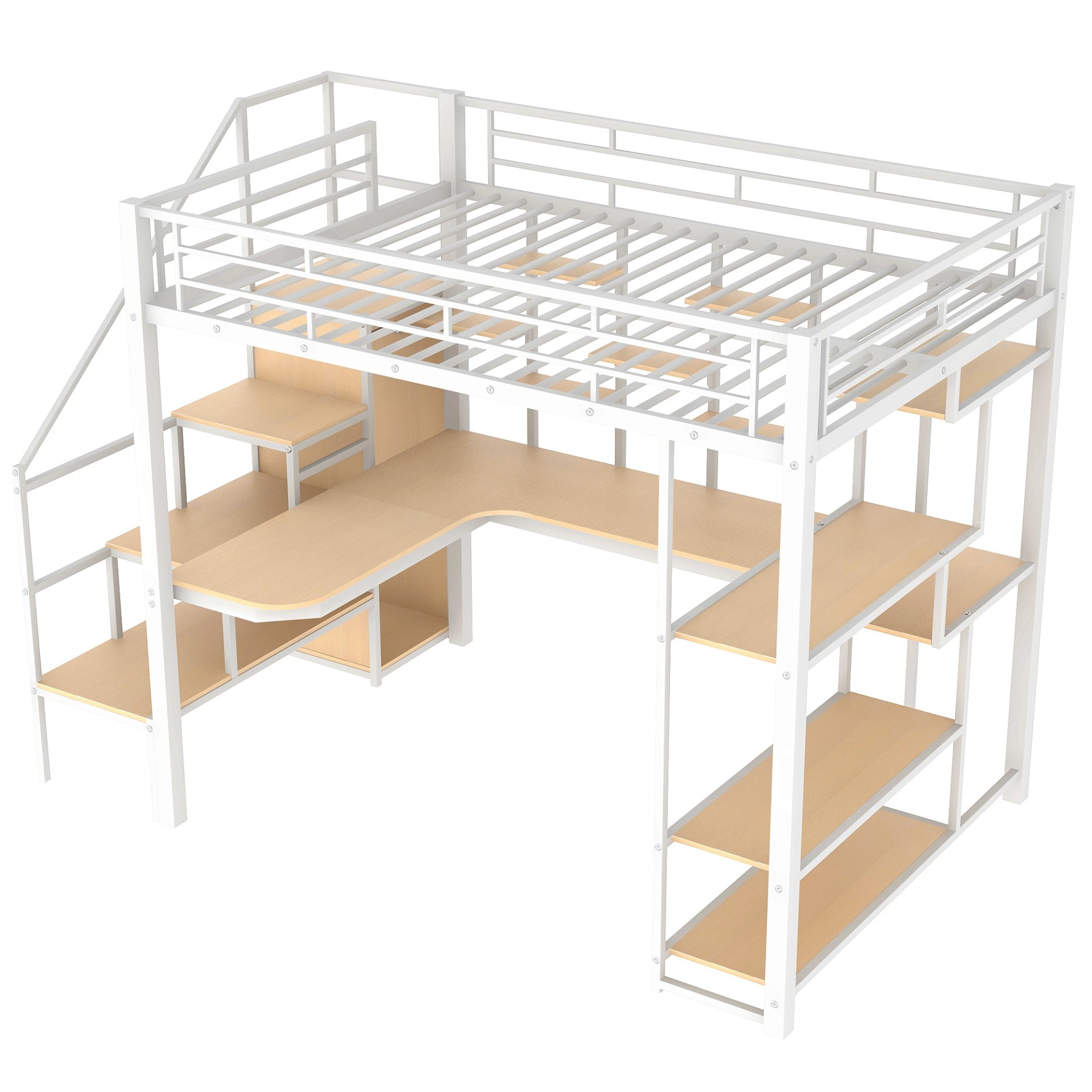 Full Size Metal Loft Bed With Storage Staircase And Small Wardrobe, Built - In Desk And Storage Shelves - White - Image 9