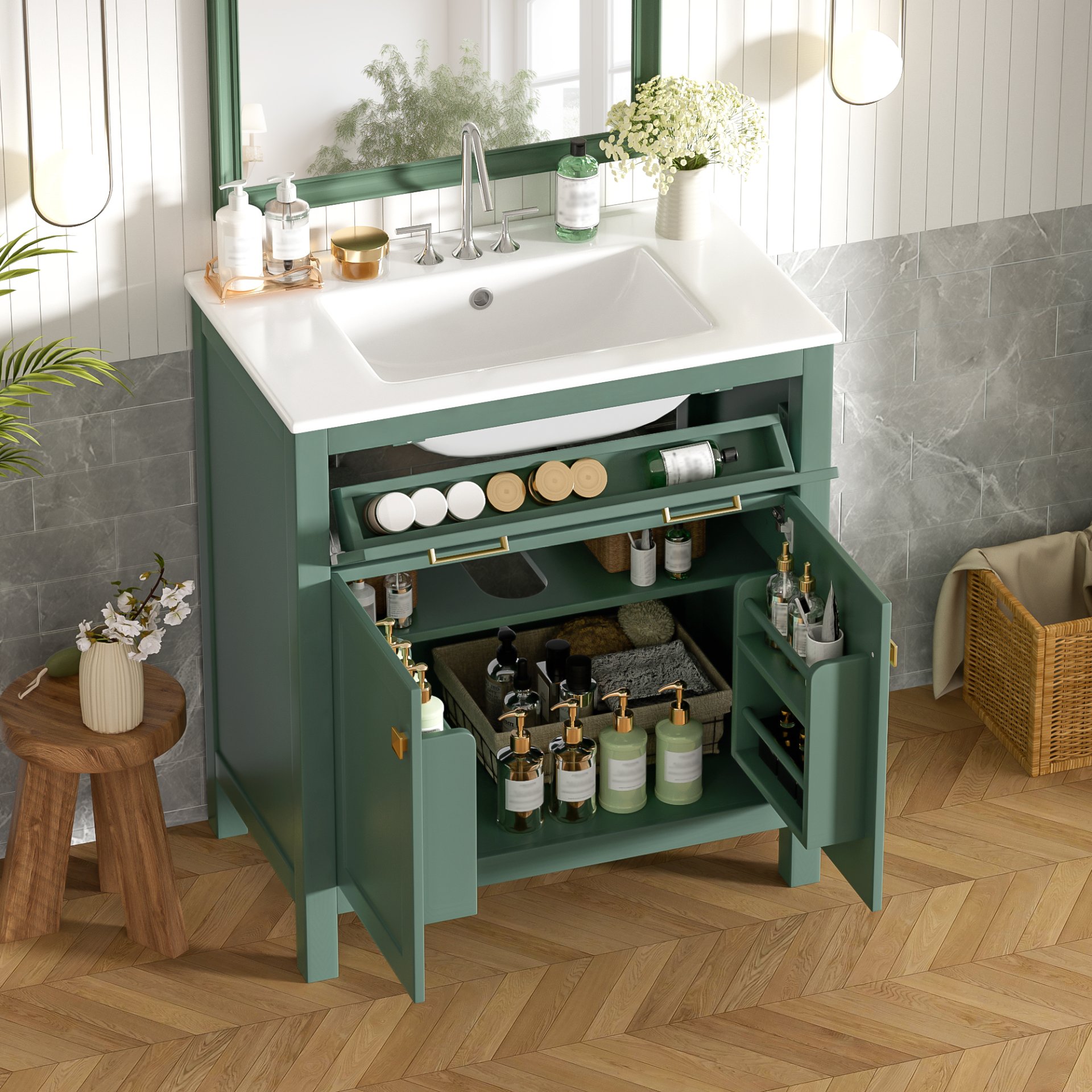 Bathroom Vanity With Ceramic Sink, Modern Single Bathroom Cabinet With 2 Doors And A Shelf, Soft Close Doors - Green - Image 24