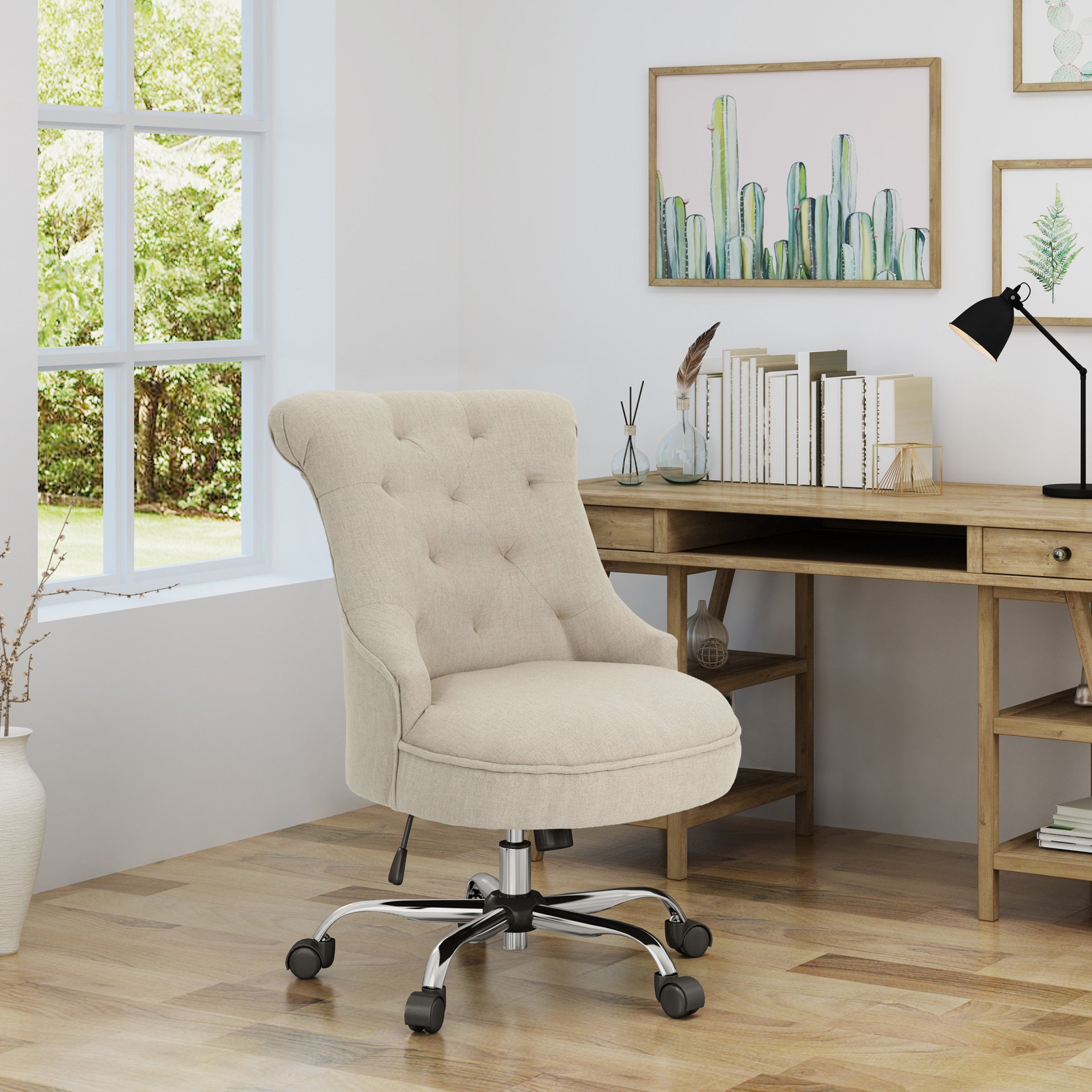 Fidelity - Upholstered Office Chair With Sloped Arms And Rolled Backrest - Wheat / Chrome - Image 2