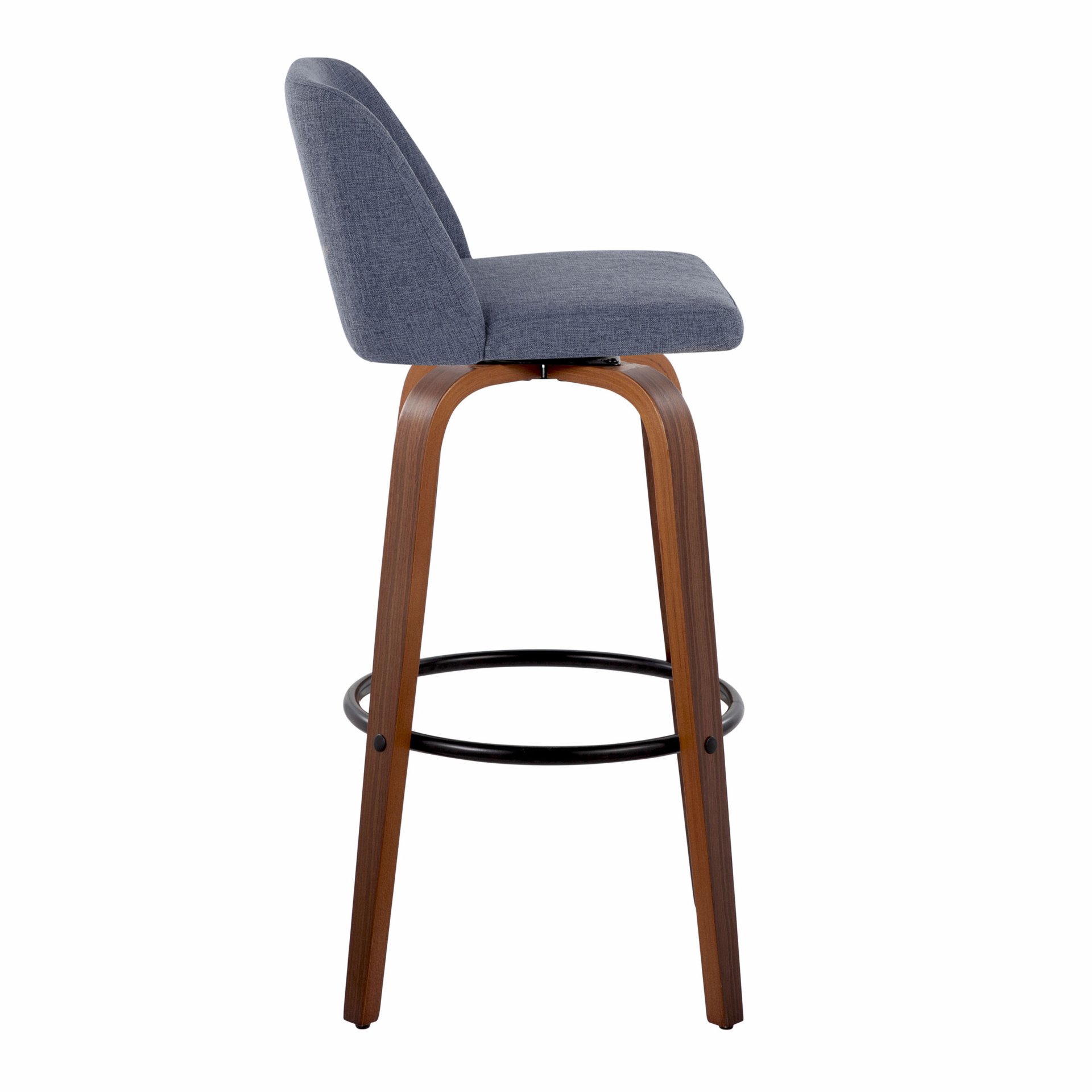 Toriano - Mid-Century Modern Fixed Height Barstool With Swivel With Round Footrest (Set of 2) - Walnut / Blue - Image 3