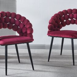 Modern Chair With Golden Color Iron Tube Legs, Soft Cushions And Comfortable Backrest, Suitable For Dining Room, Living Room, Cafe, Hairball Back (Set of 2) - Wine Red