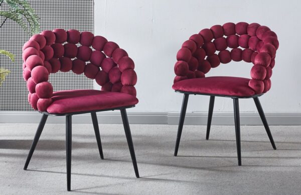 Modern Chair With Golden Color Iron Tube Legs, Soft Cushions And Comfortable Backrest, Suitable For Dining Room, Living Room, Cafe, Hairball Back (Set of 2) - Wine Red