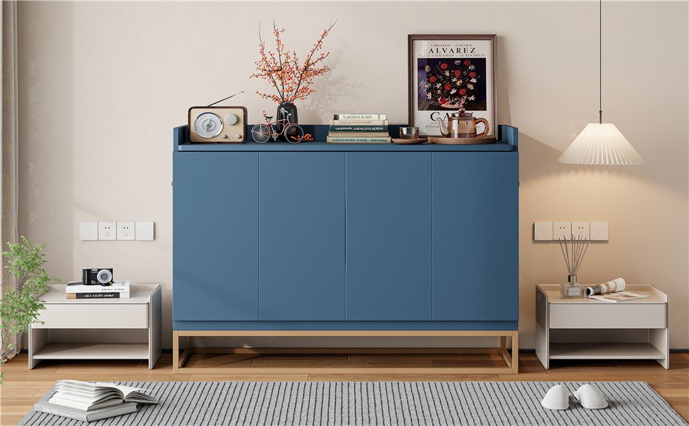 Queen Size Murphy Bed With Iron Legs, Modern Design - Blue - Image 22