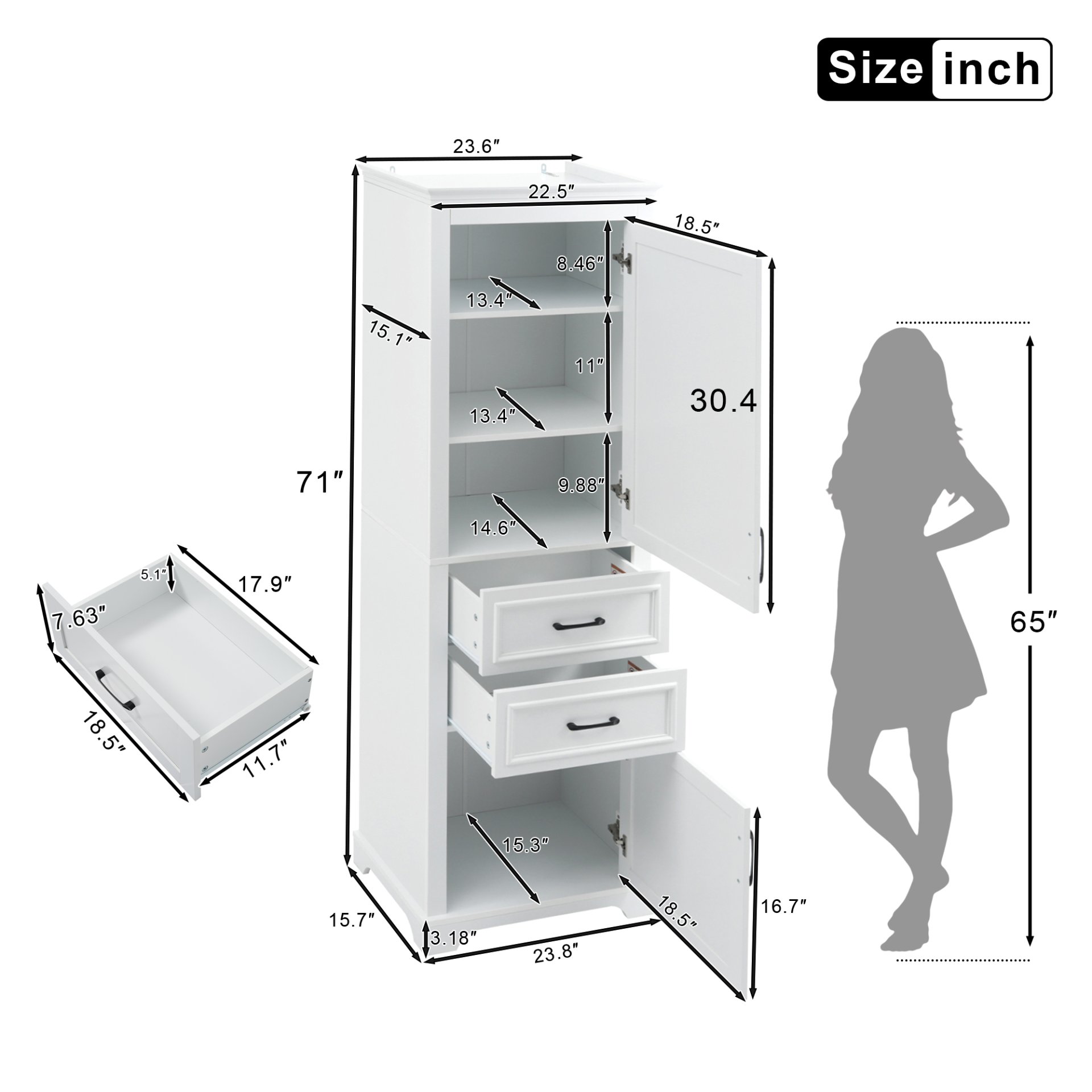 Freestanding Bathroom Vanity Tall With Damping Hinge Doors, Adjustable Shelves - White - Image 3