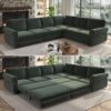 L-Shaped Sofa Couch With Pull Out Bed With Nailhead Trim & Rolled Arm, Sectional Couches, For Living Room - Green - Image 2