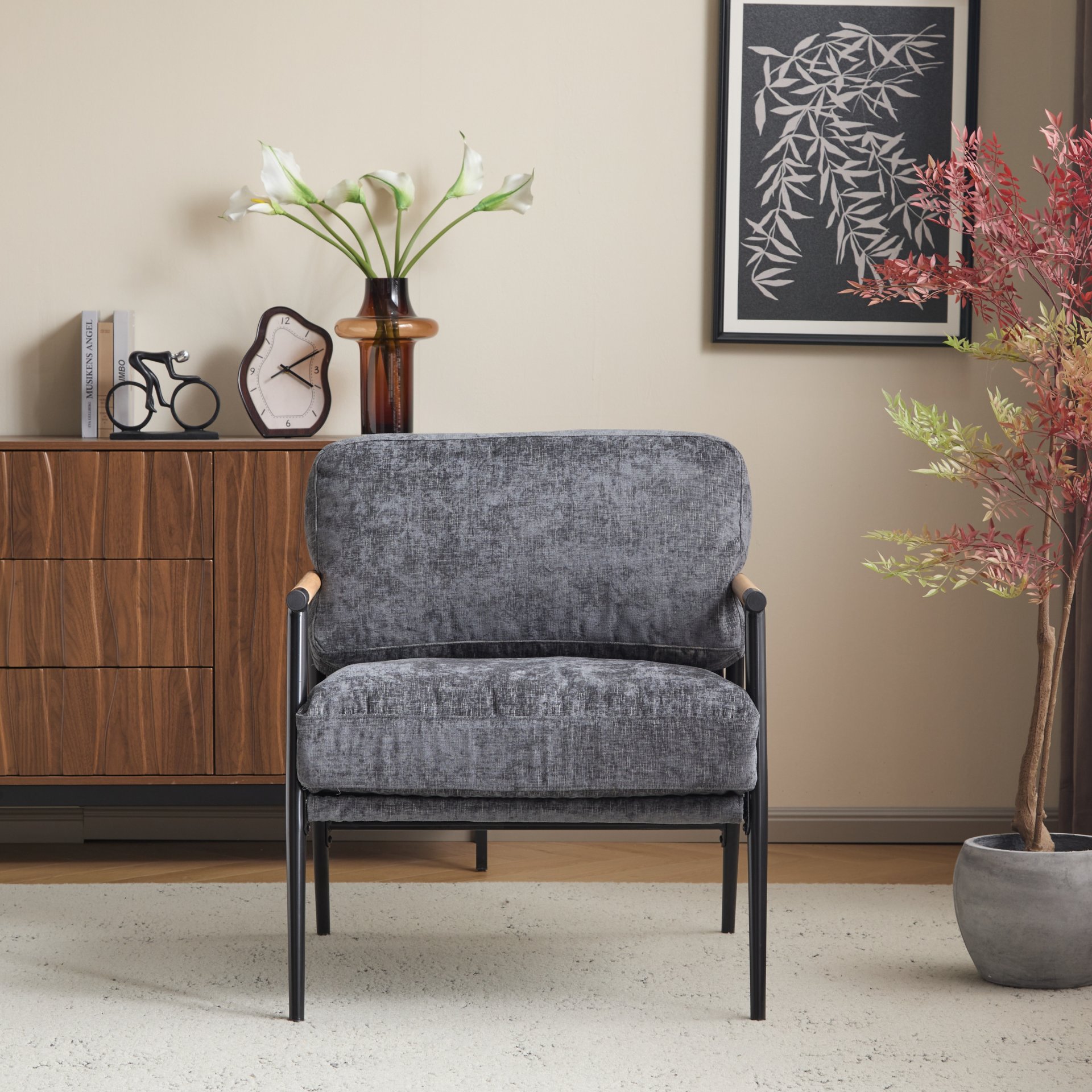 Modern Accent Chair With Plush Cushions, Minimalist Metal Frame, Wooden Armrest - Gray - Image 5