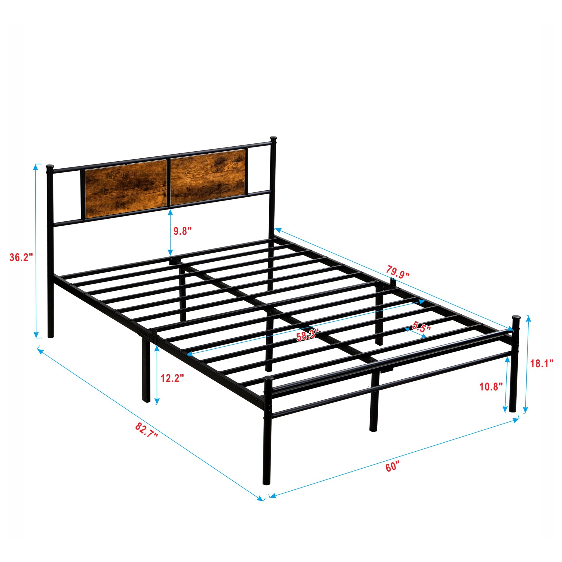 Queen Size Modern Metal Bedframe With Headboard, Durable Steel Structure - Black / Brown - Image 12