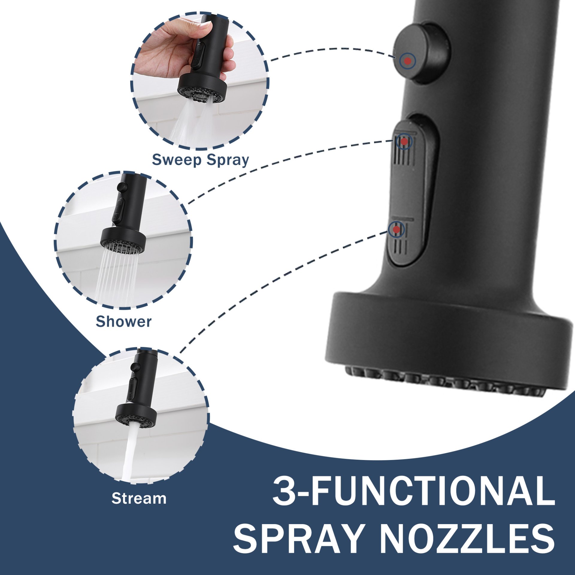 3 In 1 Kitchen Faucet With Press Type Glass Rinser, High Arc Pull Down Sprayer, 3 Function Spray Mode - Matte Black - Image 8