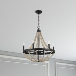 Starry - Chandelier Farmhouse Six Candle Light Wood Beaded Pendant Light For Dining Room - Black / Clear