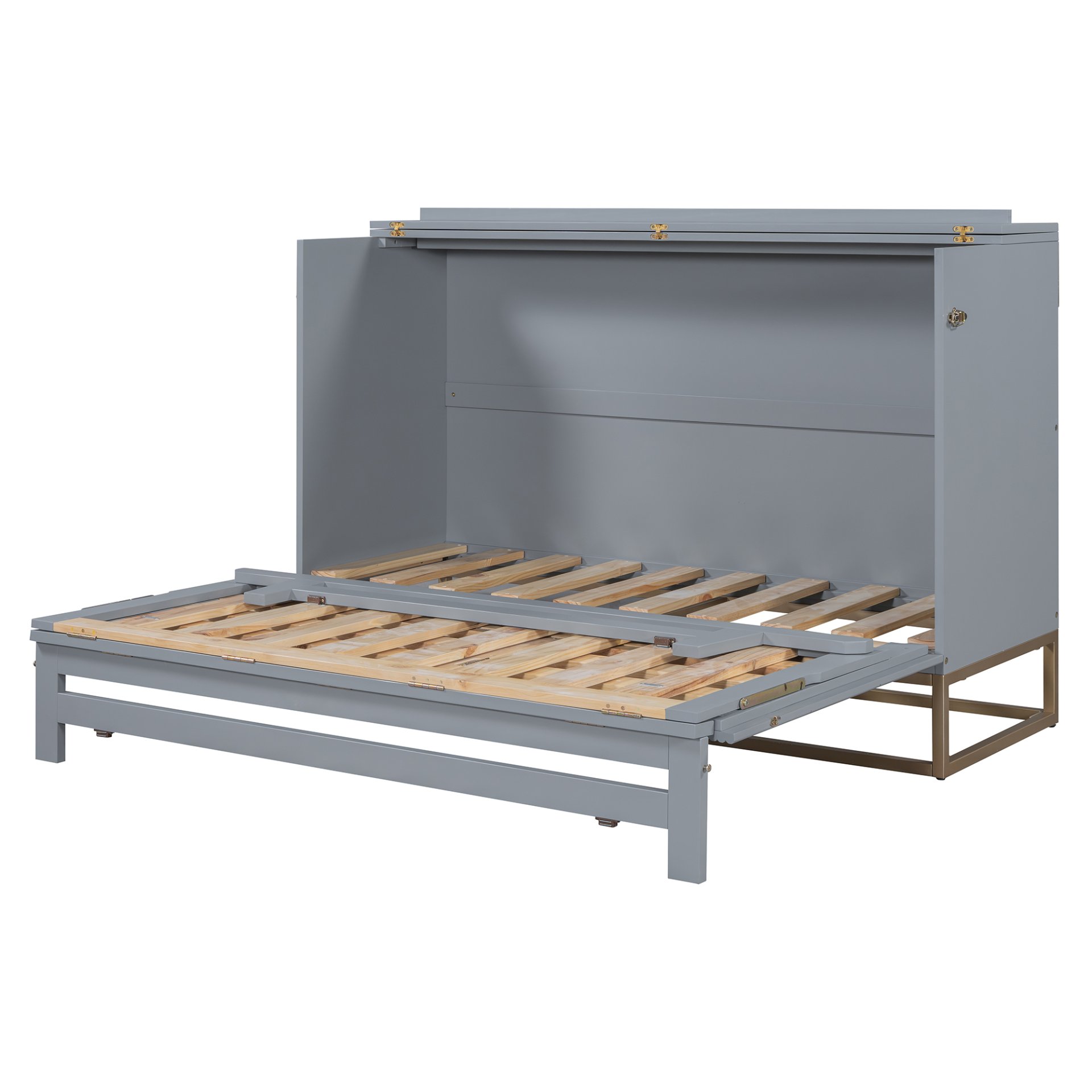 Queen Murphy Bed With Frosted Glass Doors Design, Fake Drawers, Metal Legs - Gray - Image 10