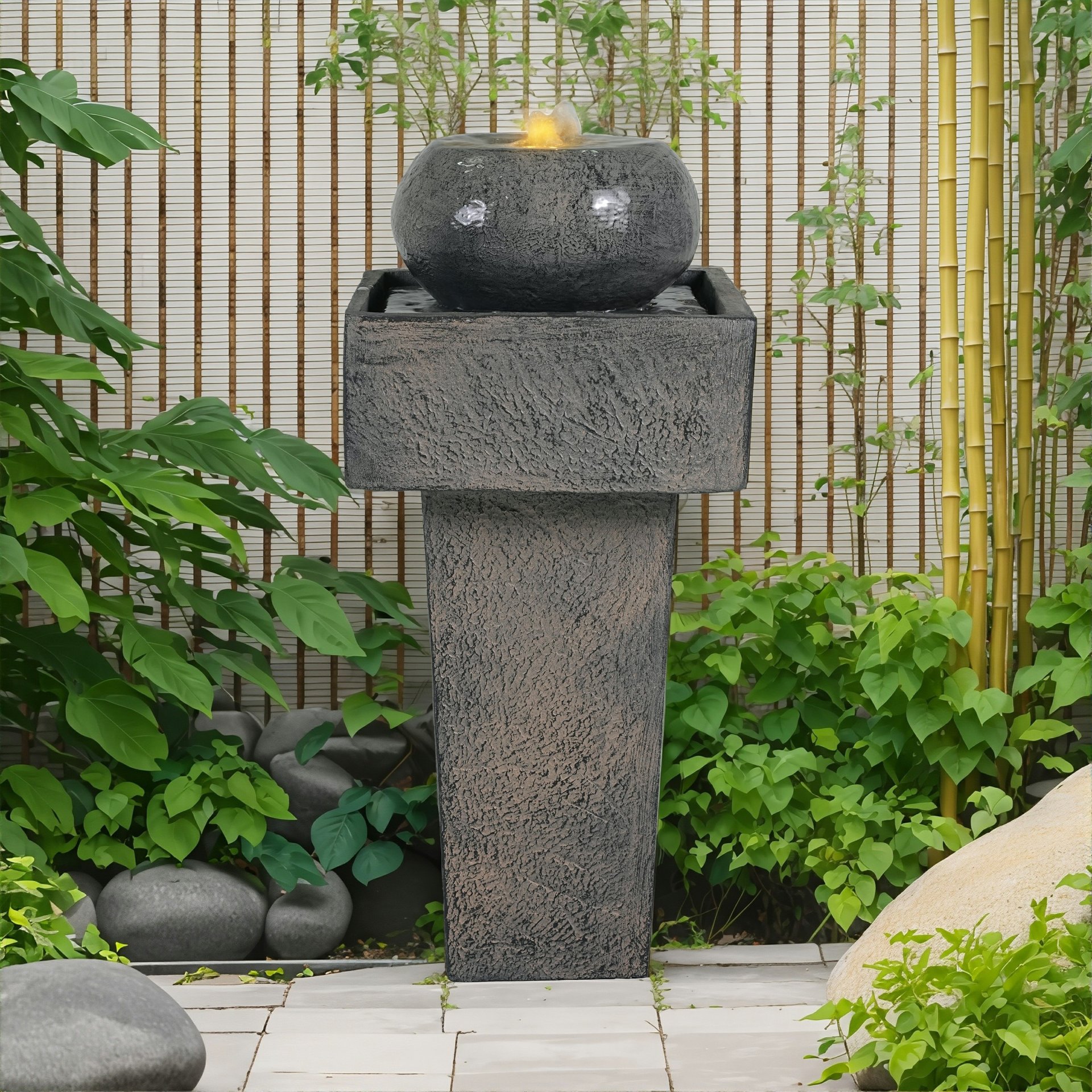 Minimalist Column Fountain With LED Lighting, Outdoor Decor For Patio, Porch And Garden - Gray - Image 2