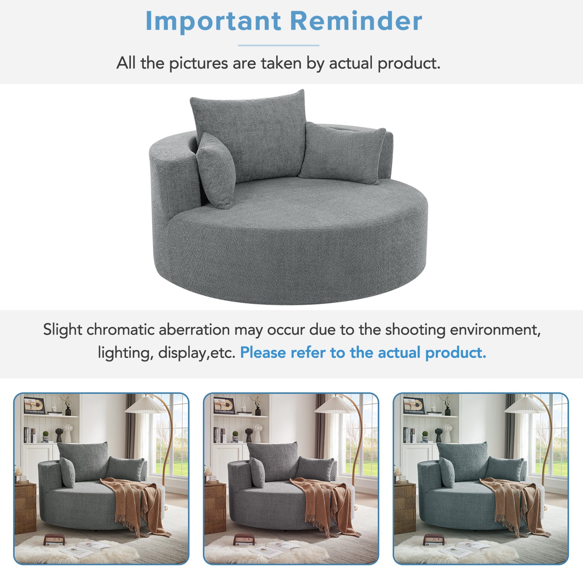 360° Swivel Chair Accent Barrel Chair Swivel Round Sofa Chair With 3 Removable Pillows For Living Room, Office And Hotel - Gray - Image 9