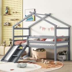 Twin Low Loft House Bed With Slide, Ladder, Safety Guardrails, House Roof Frame - Gray