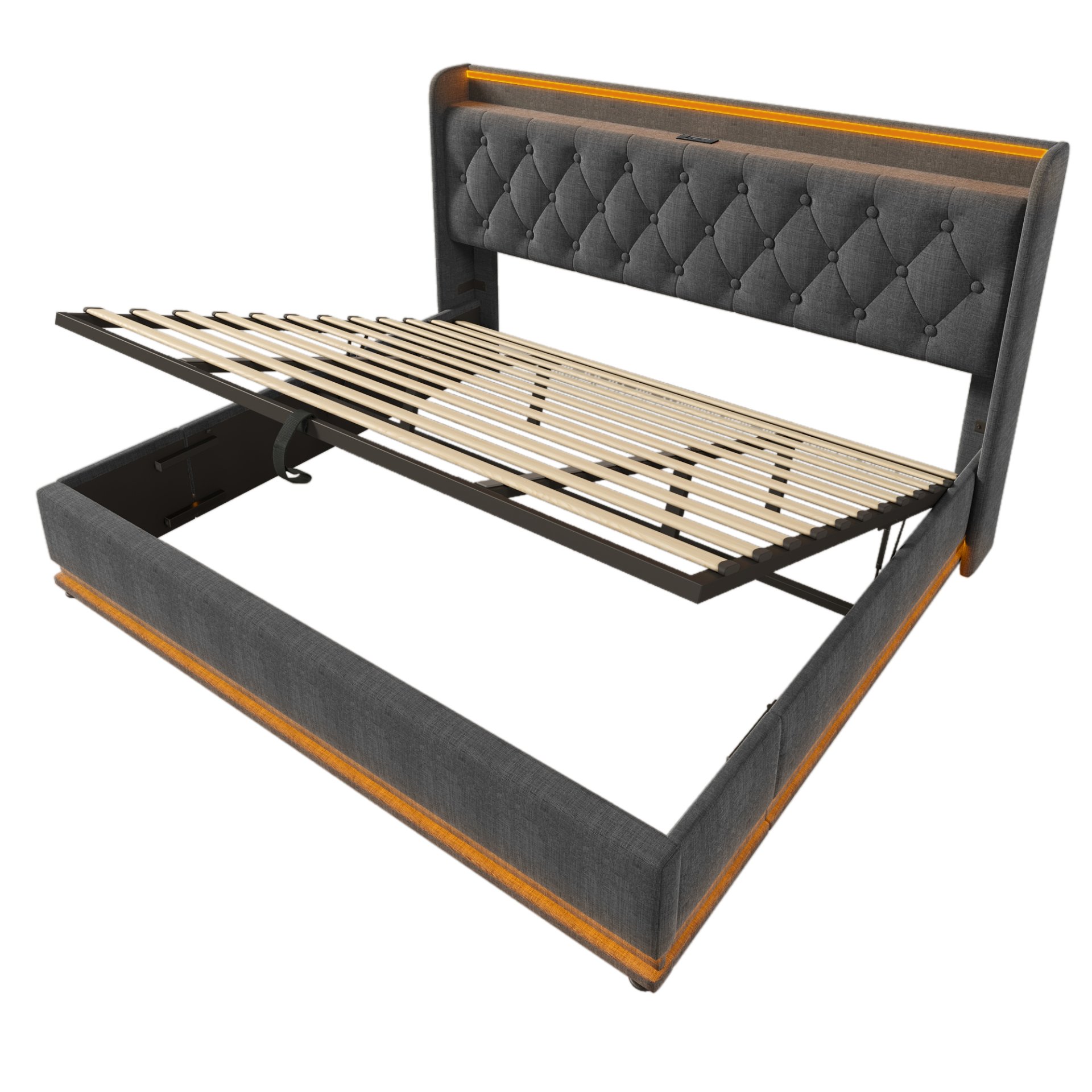 King Size Upholstered Bed, 360 Surround LED Function, Buttons / Apps / Remote Control, Hydraulic Storage Bed With USB Type-C Charging (Without Mattress) - Gray - Image 21